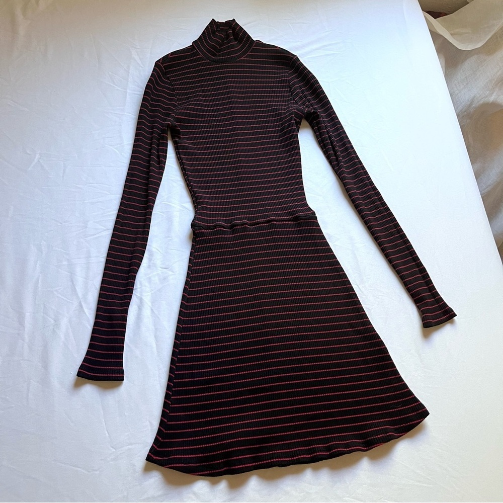 REFORMATION black red striped mock neck rib knit long sleeve mini dress
